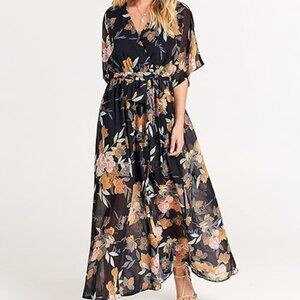 ANRABESS Kimono Maxi Dress Womens Medium V Neck 3/4 Sleeve Floral Fall Colors M